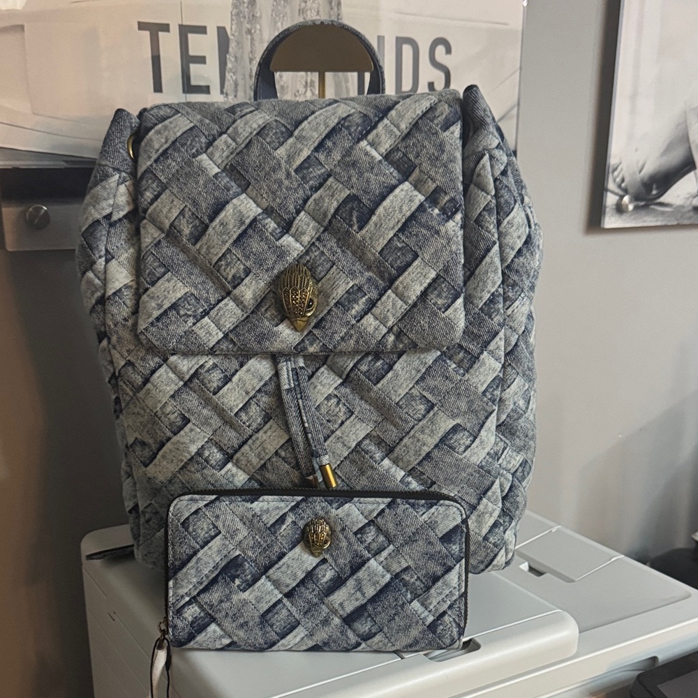 Kurt Geiger Woven Denim Blue Backpack and Wallet